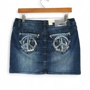 Grace in LA Skirt Womens L Embellished Rhinestone Peace Sign Designer Denim Jean
